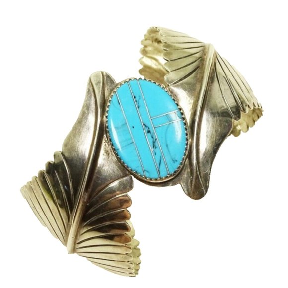 NATIVE AMERICAN NAVAJO Signed HB Sterling Silver Turquoise Inlay Bracelet - Picture 1 of 11